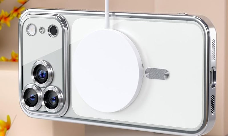 جراب مغناطيسي متوافق مع هاتف iPhone 17 Pro Max، يوفر حماية كاملة للكاميرا والعدسة، متوافق مع الشحن اللاسلكي، جراب حماية شفاف رفيع مقاوم للصدمات باللون الفضي. - Image 3